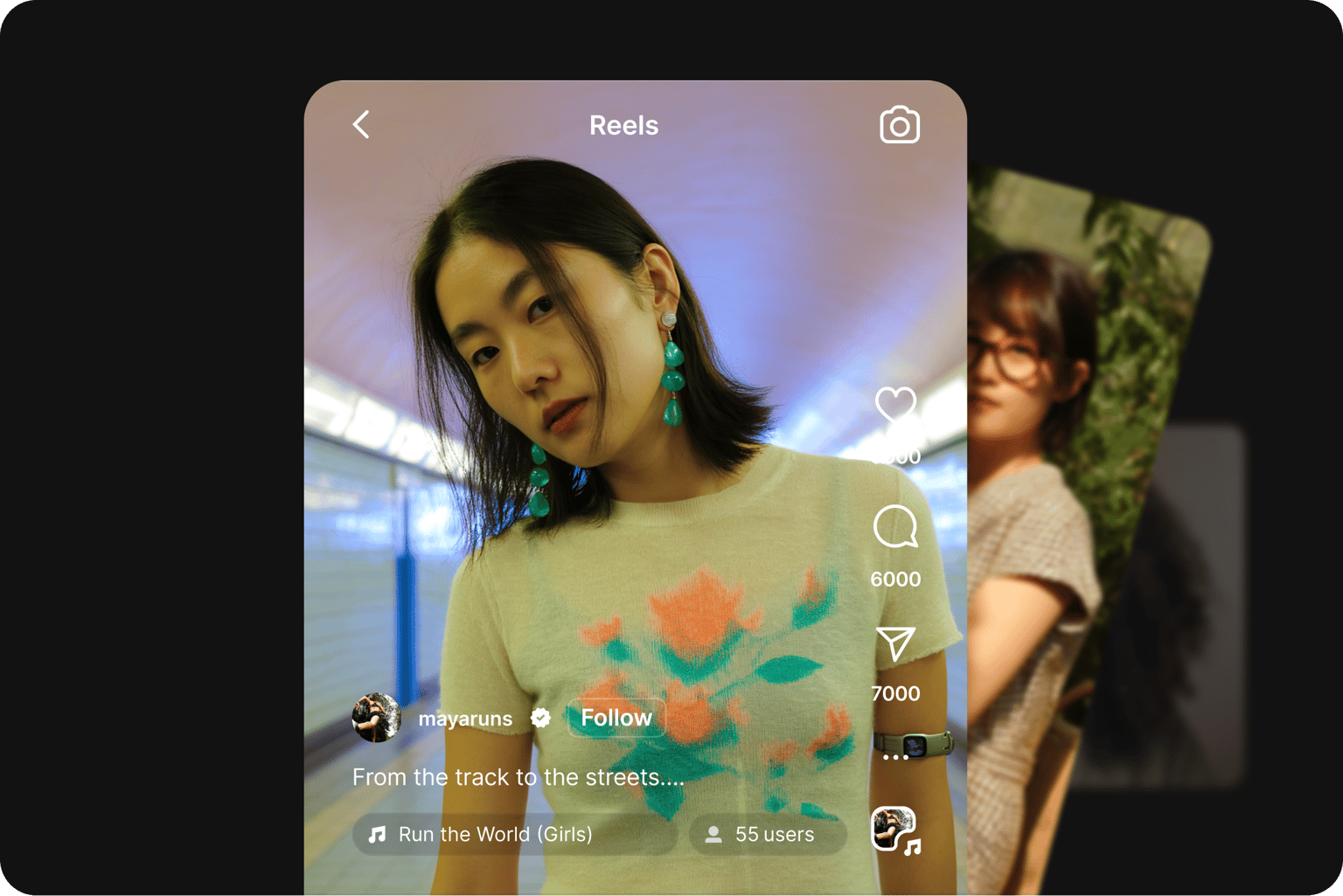 Auto video editor showing Instagram reels interface over a video of a woman wearing a sheer shirt and green earrings in a tunnel