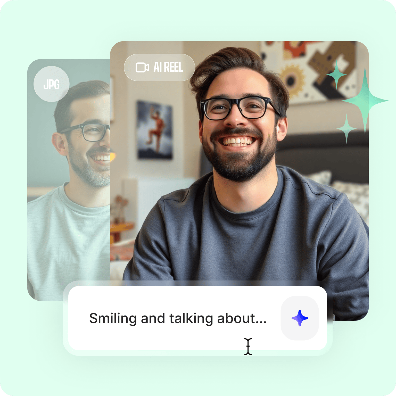Generated AI portrait of a smiling bearded man wearing glasses with prompt 'Smiling and talking about...'