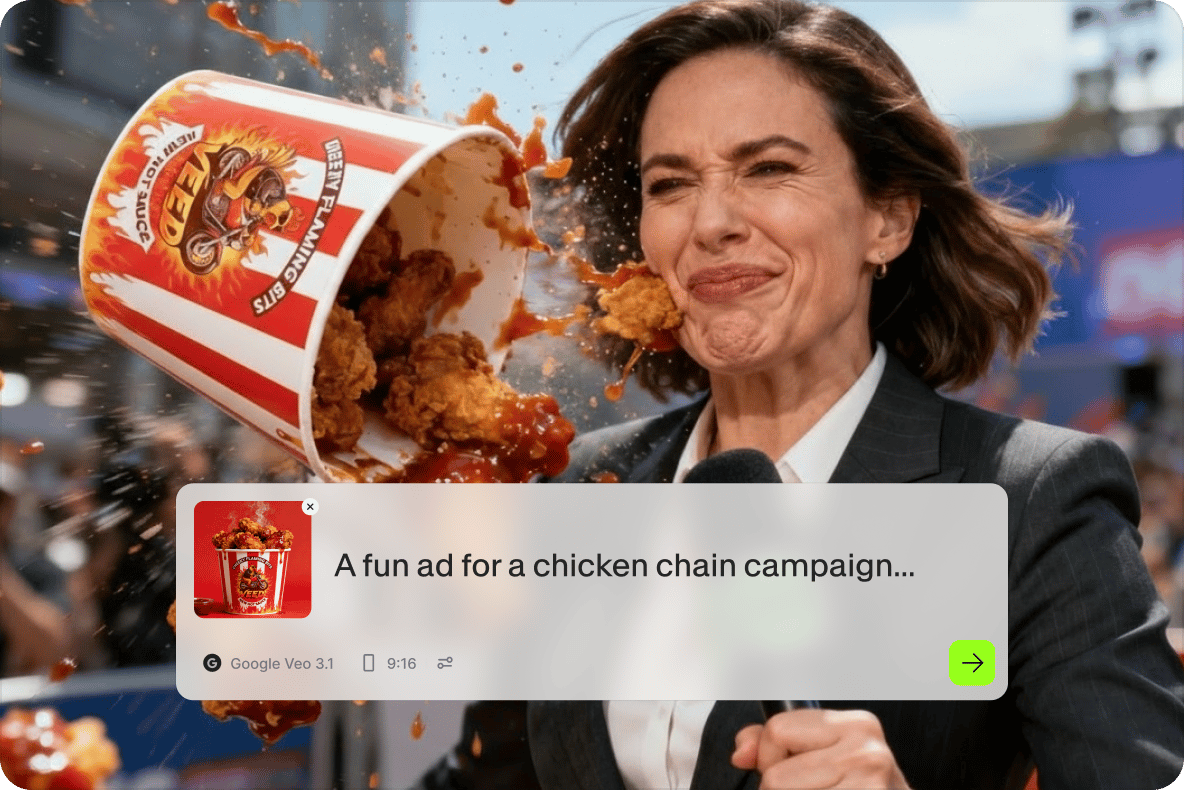 Reporter gets hit in the face by a bucket of fried chicken wings with an AI video generation prompt text box overlay.
