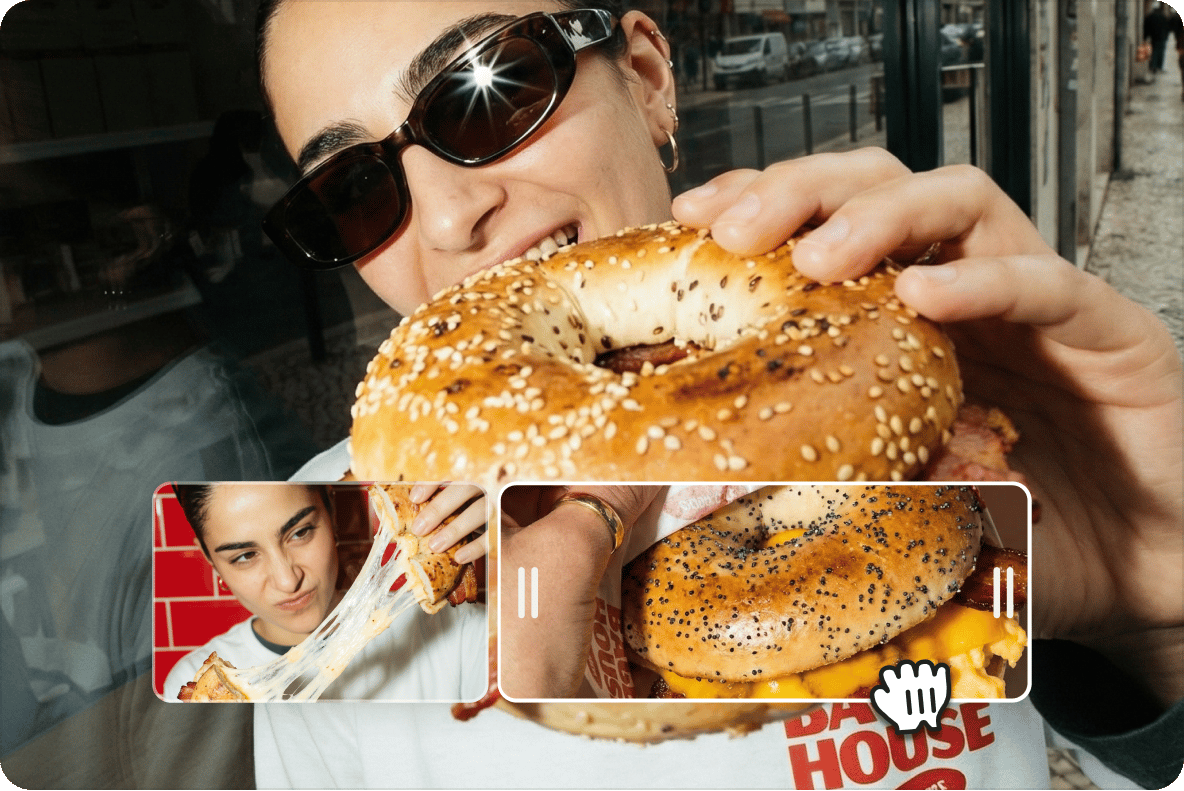 Woman wearing sunglasses biting into a bagel with picture in picture video clips from an online video creator.