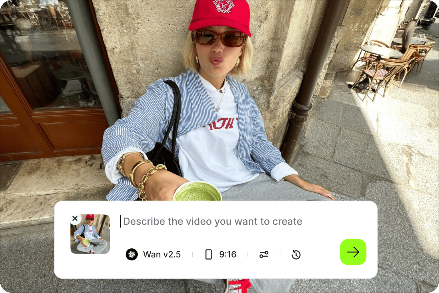 Create videos from images online tool showing a prompt overlay over a woman in a red hat holding matcha outdoors