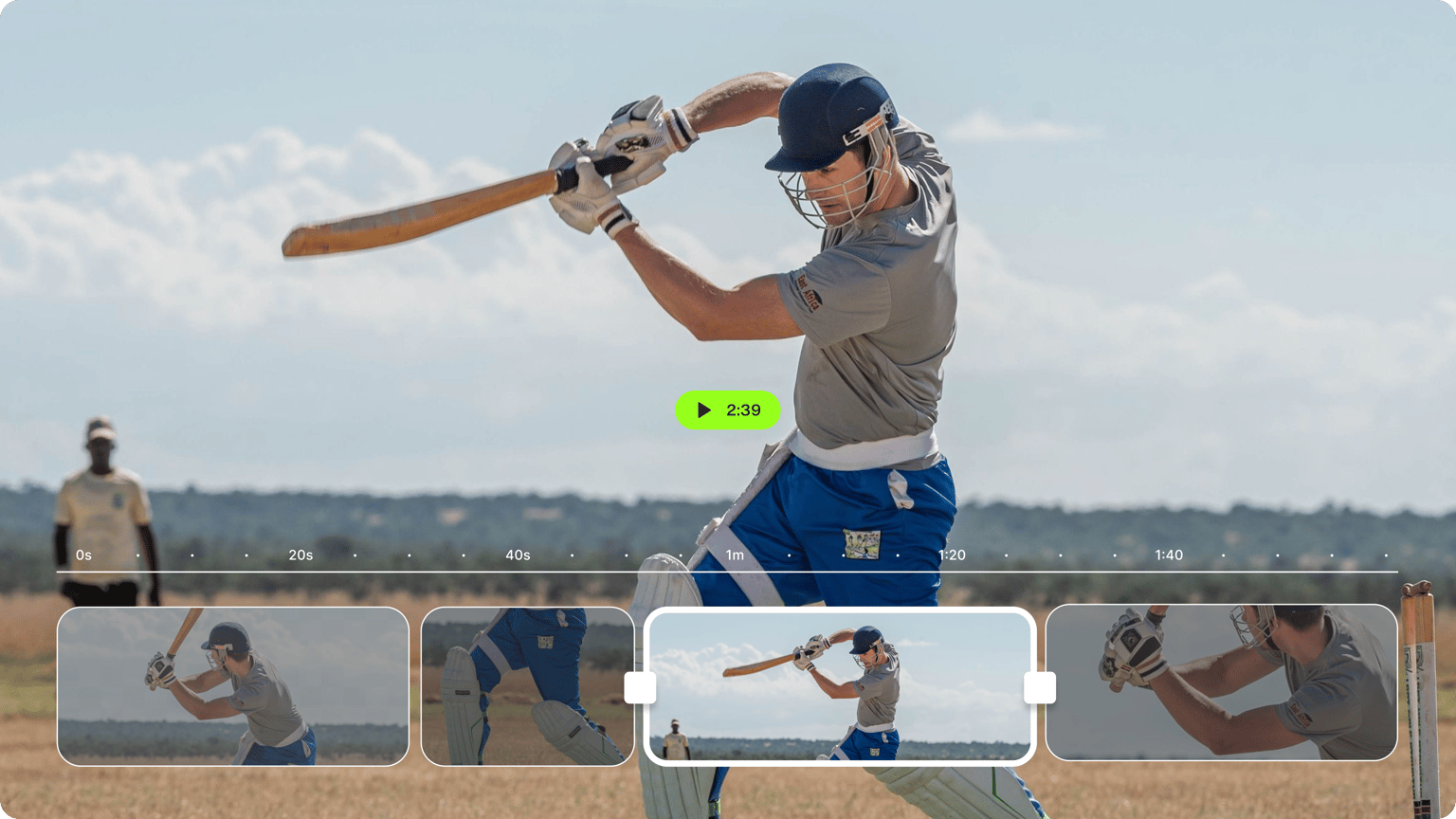 Cricket player swinging a bat on a field within a sports video editor timeline interface.