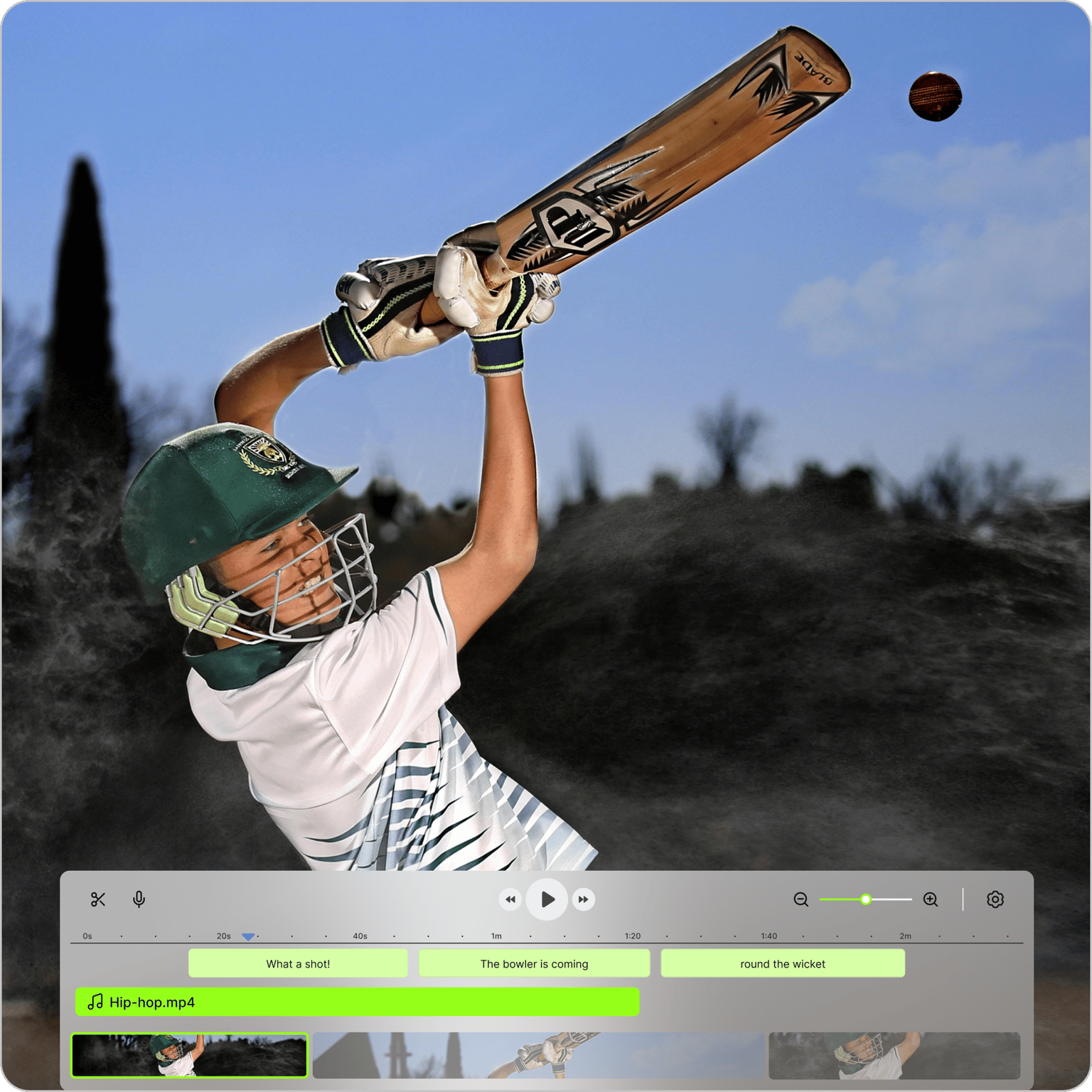 Cricket player hitting a ball with a bat in an online sports video editing software timeline interface.