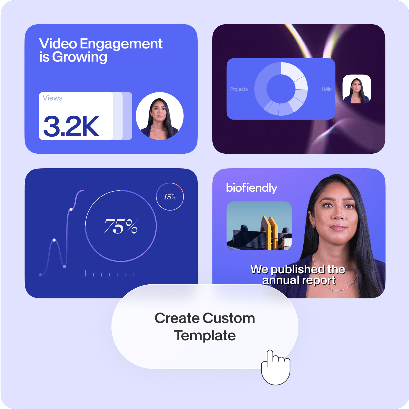 VEED's Custom Templates showing template cards for Video Engagement, analytics dashboards, and branded video designs.