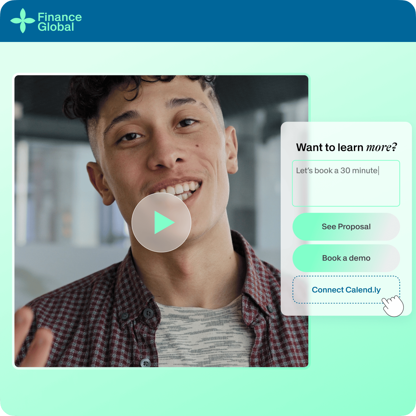 VEED's Customizable CTA showing 'Get Proposal,' 'Book a demo,' and 'Connect Instantly' button options on a video overlay.