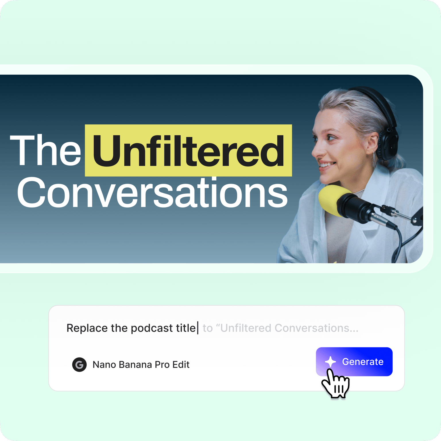 VEED's social banner customizer with an editable podcast template showing 'The Unfiltered Conversations' and a Customize button.
