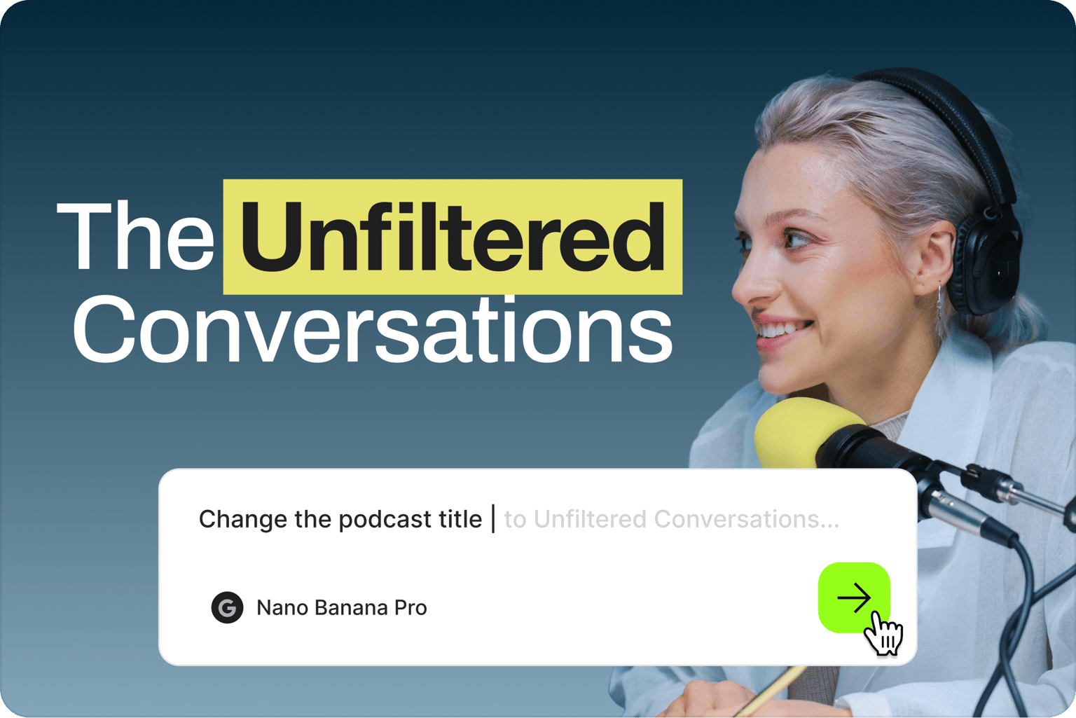 Woman hosting podcast with headphones and mic beside custom social banner title Unfiltered Conversations ready to edit
