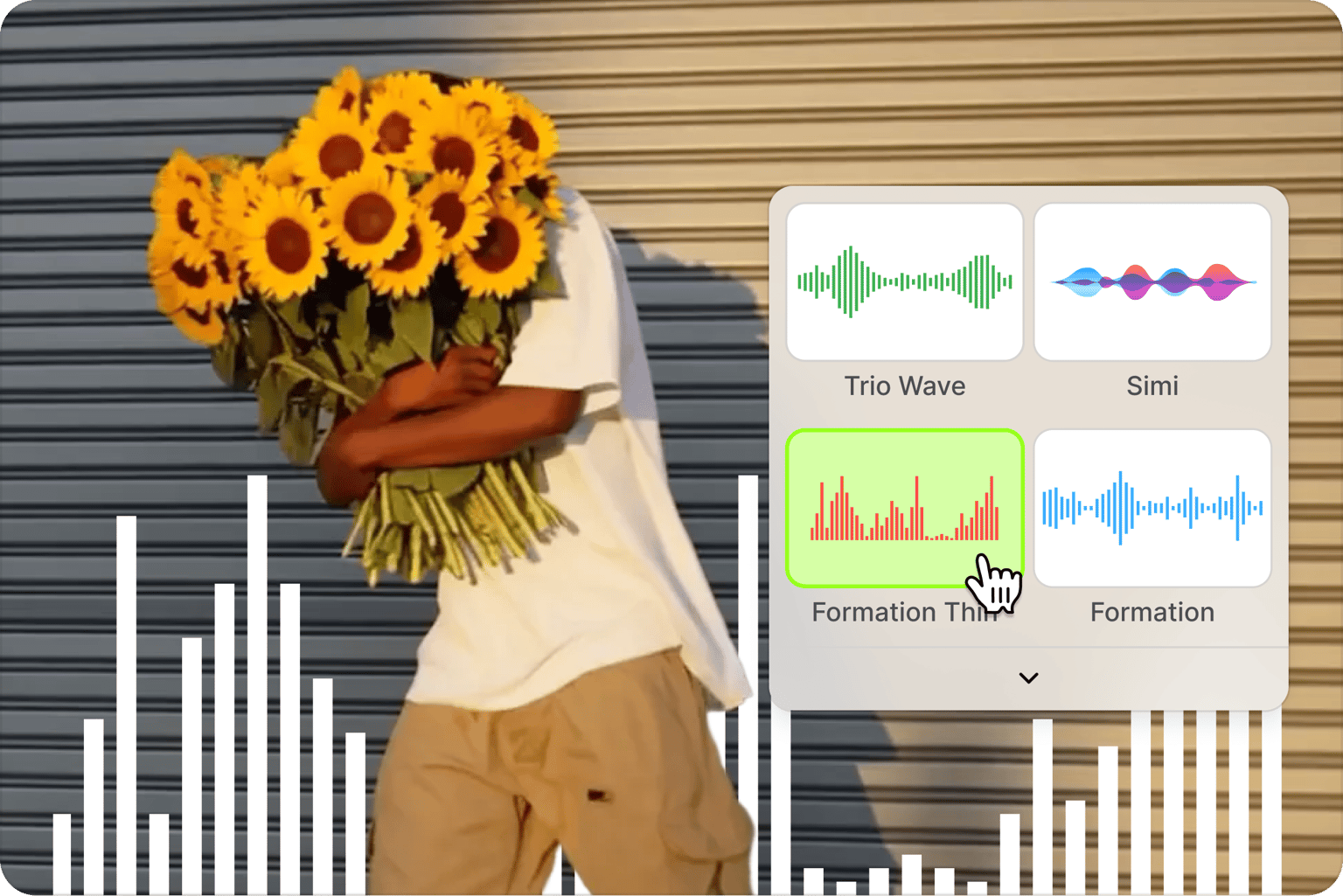 Music visualizer showing a cursor selecting a sound wave style over a video of a person holding sunflowers