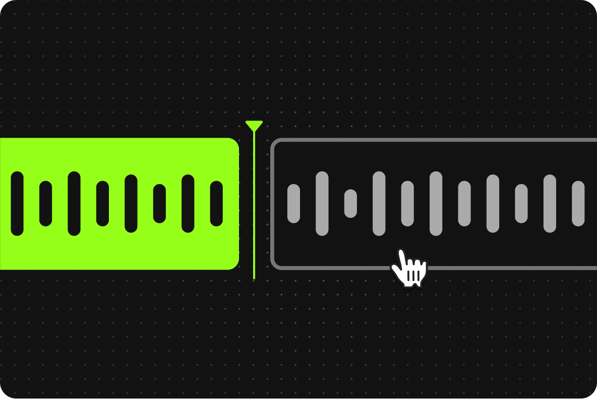 Audio trimmer interface splitting a sound wave timeline into two segments with a mouse cursor pointer