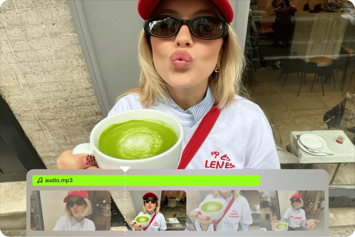 Woman holding a green matcha latte with a video editing timeline showing an extracted audio mp3 track below.
