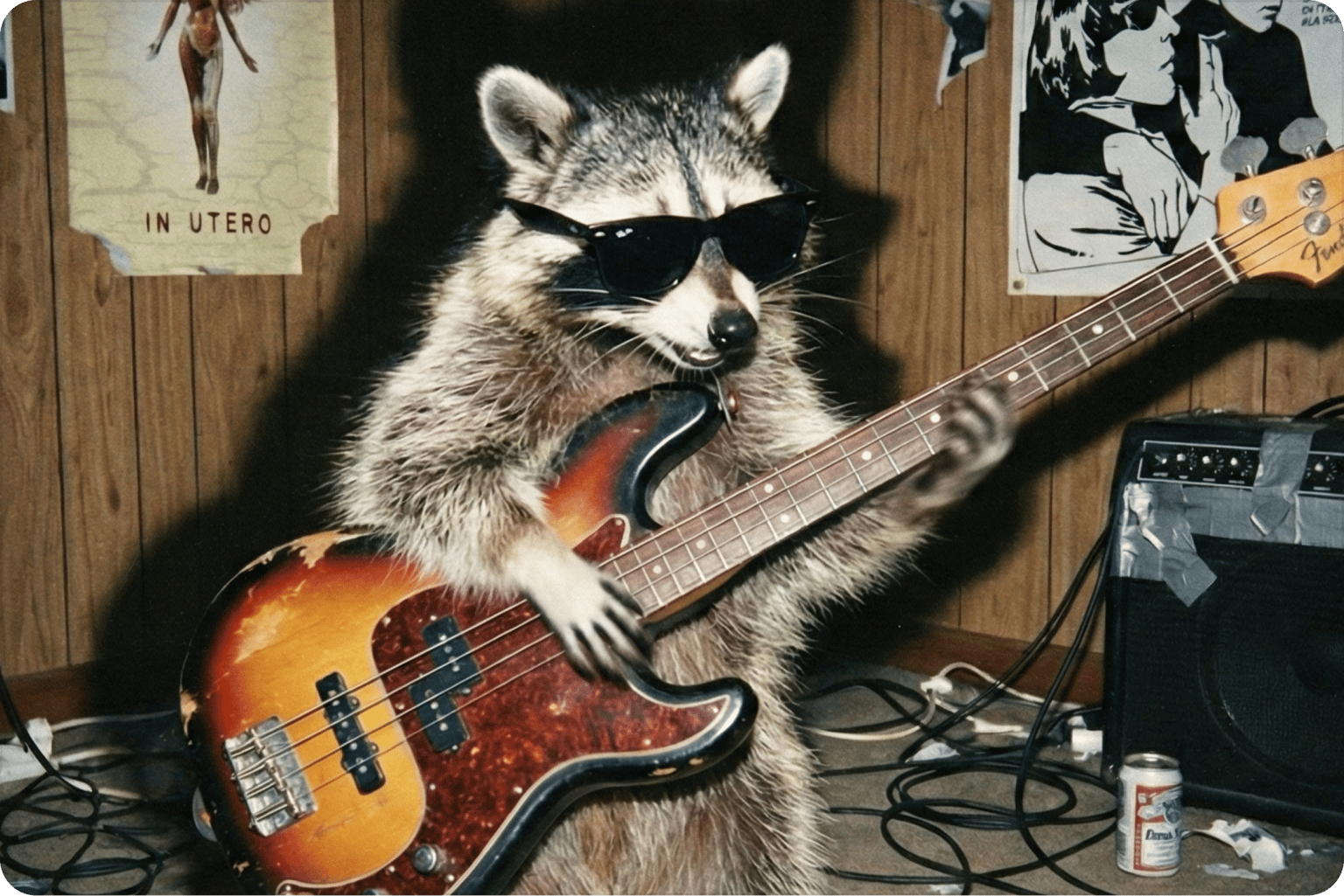 Funny video maker image featuring a raccoon wearing sunglasses playing a bass guitar next to an amplifier
