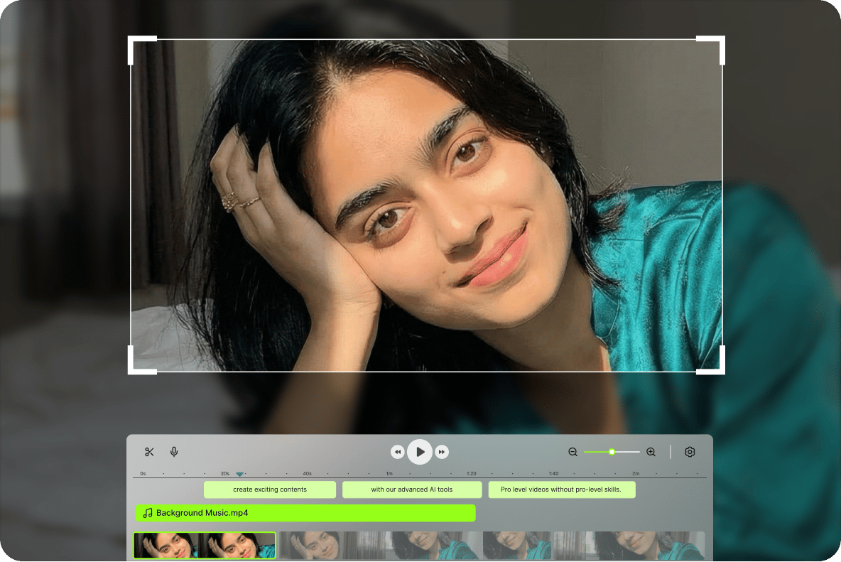 Smiling woman in a teal shirt framed inside a video crop tool with an audio track editor timeline below.