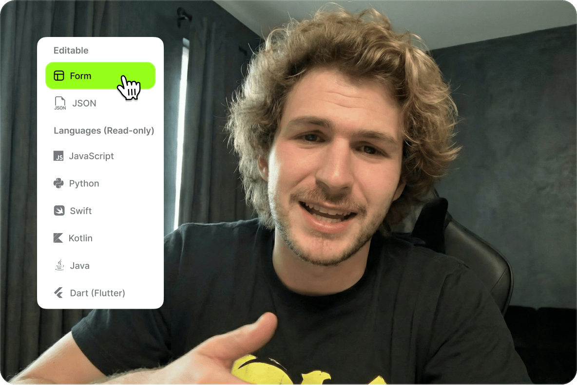 A man speaking next to a dropdown menu listing multiple programming languages for developer ready API integration