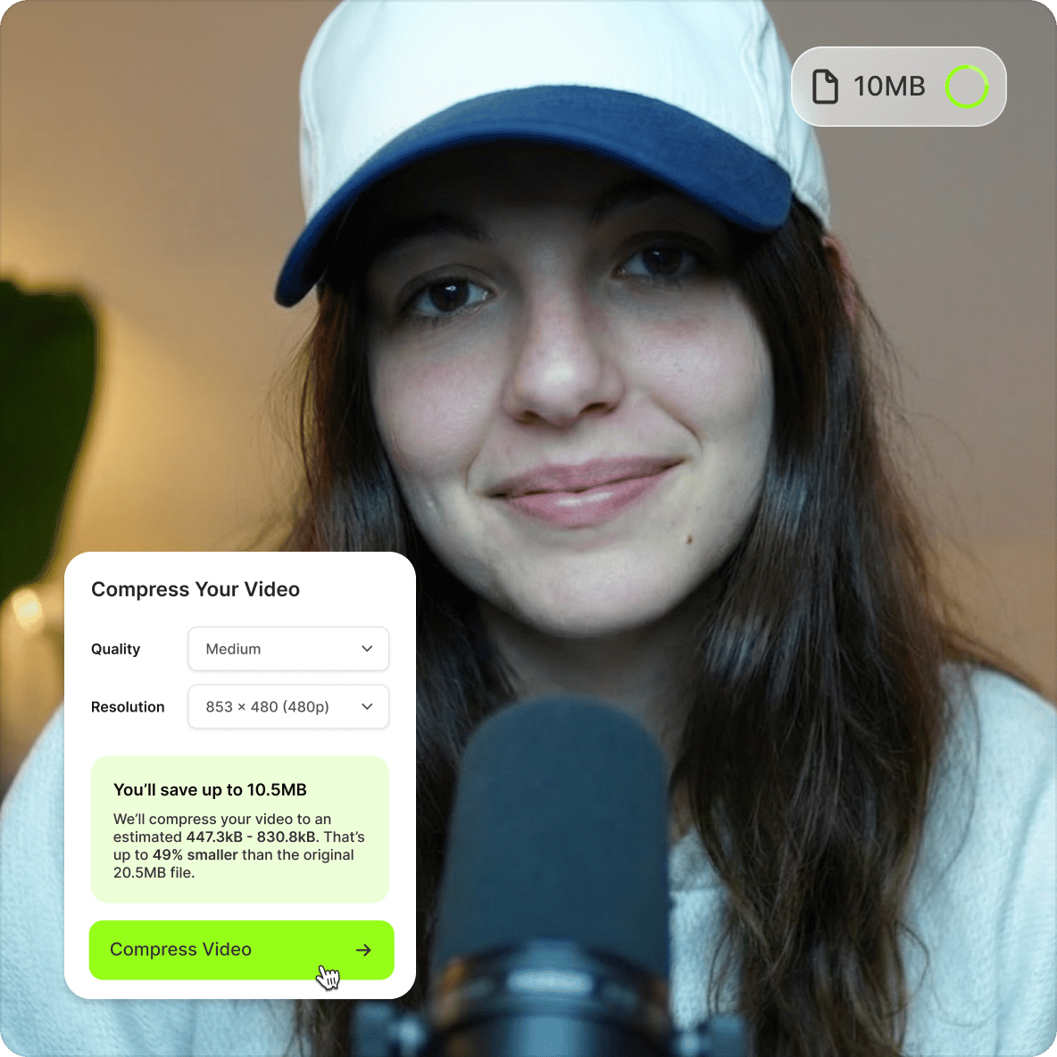 Woman wearing a cap behind a video compressor overlay panel showing settings to reduce file size for Discord.