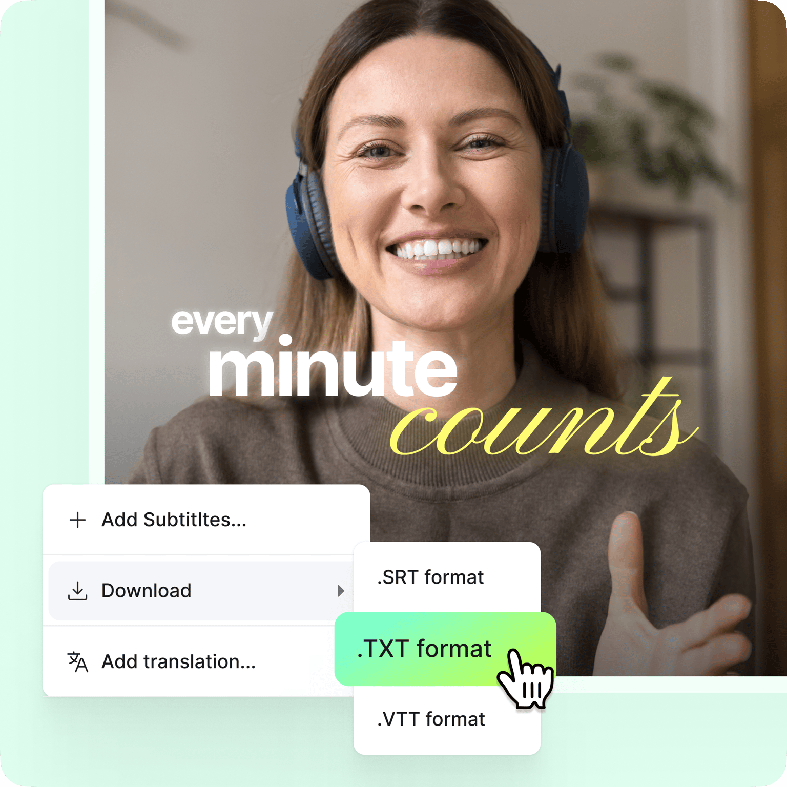 Export video subtitles as closed caption files showing SRT, TXT, and VTT format options in VEED