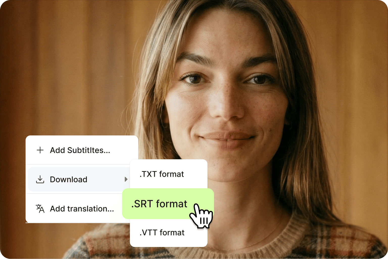 Woman smiling beside a download menu with TXT, SRT and VTT subtitle format options, SRT highlighted