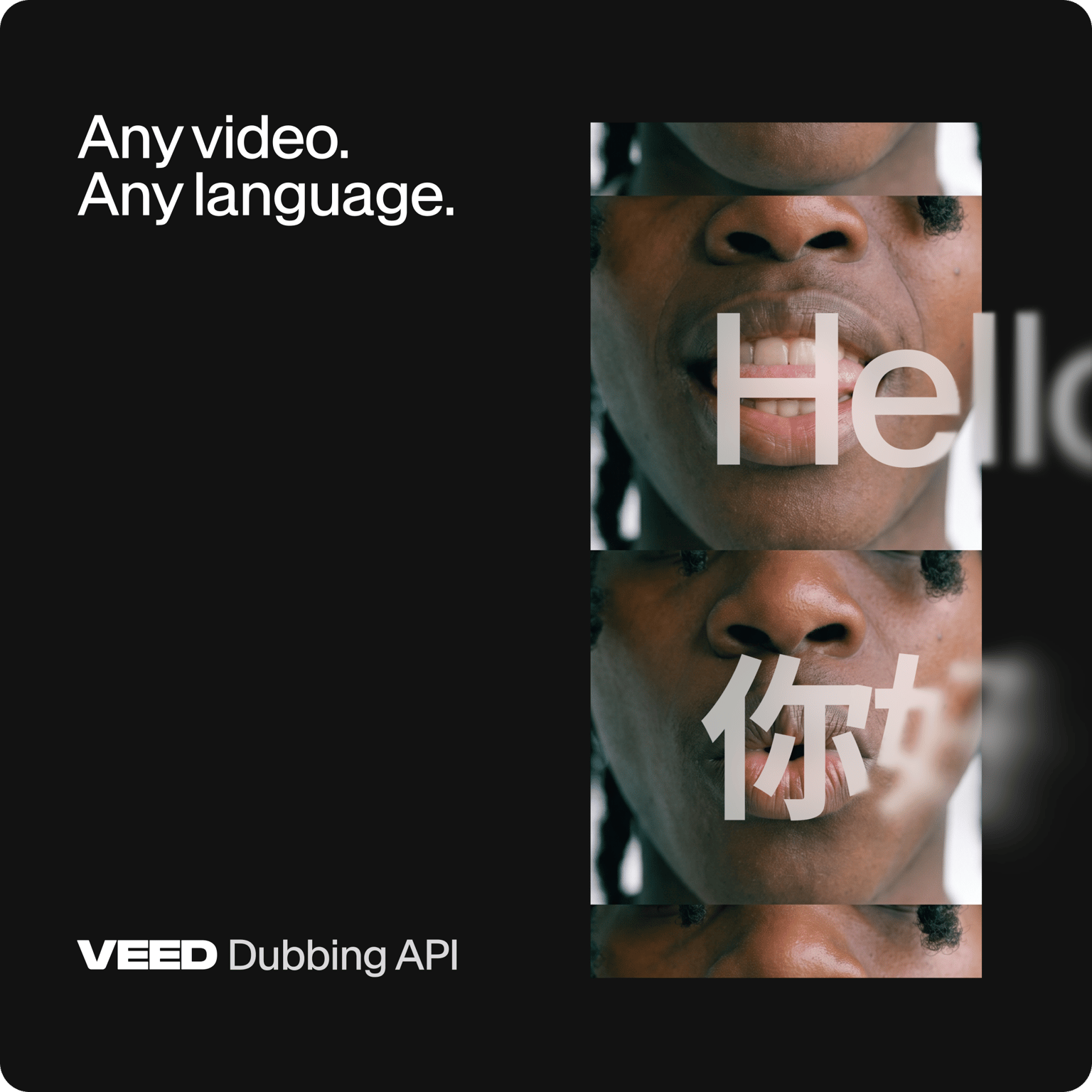 VEED Dubbing API graphic with text Any video. Any language. beside mouth close ups saying Hello and 你好