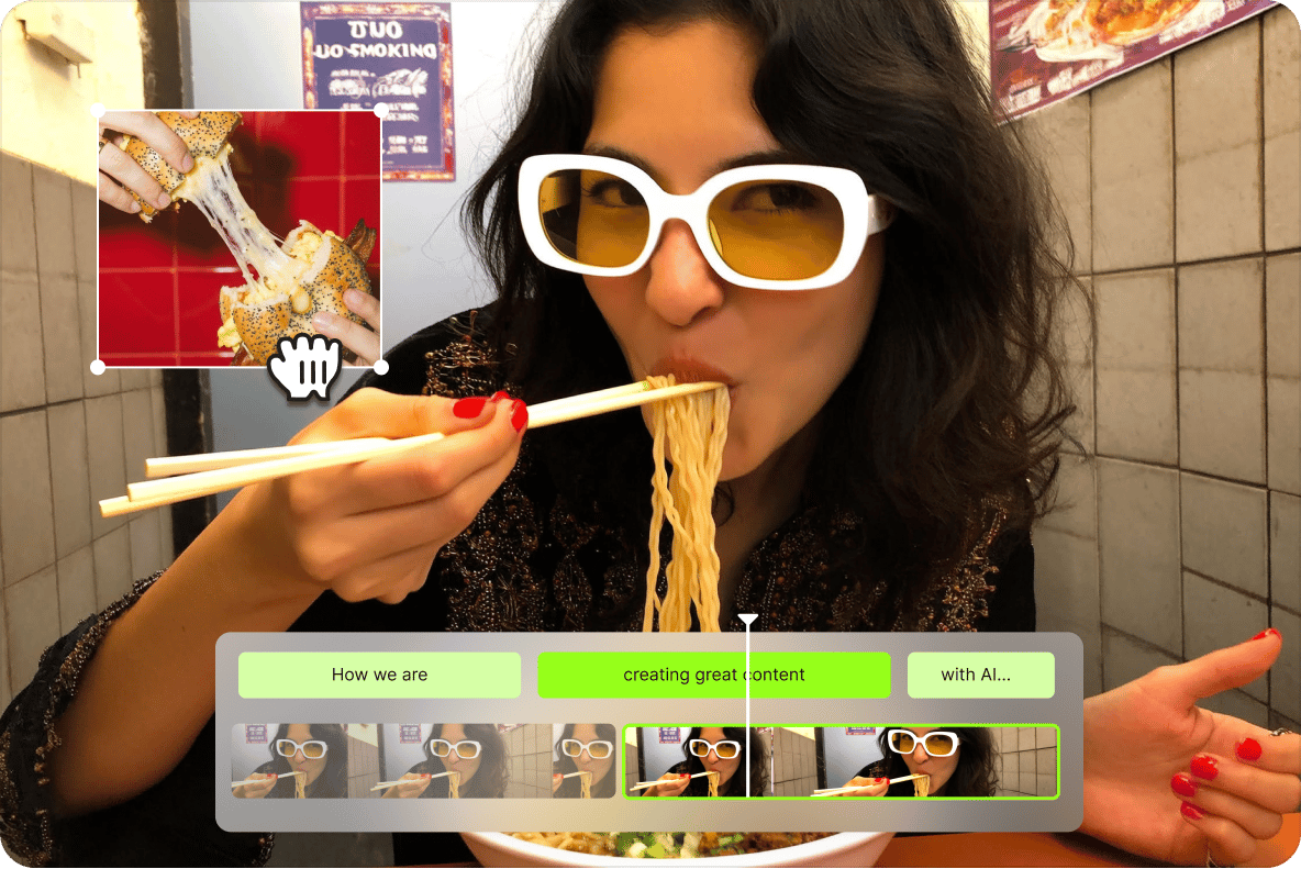 Woman with sunglasses eating noodles with an overlaid picture in picture burger clip and video creator timeline.