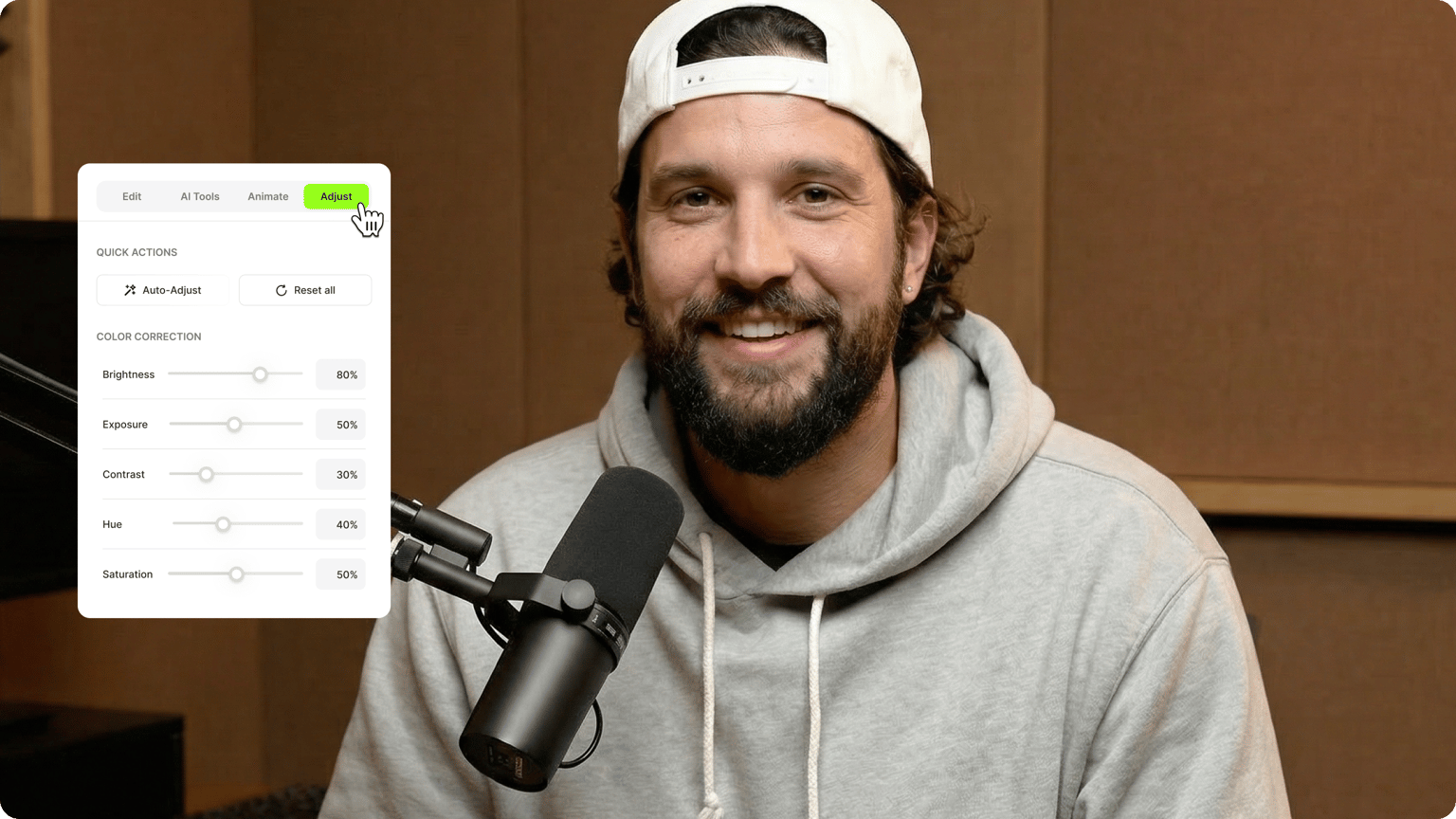 Man with a studio microphone and an overlaid GIF editor menu dashboard adjusting brightness and contrast.