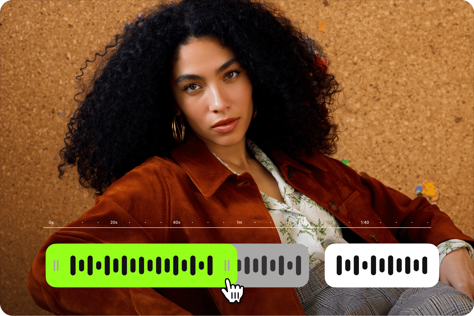 Edit audio online tool showing cursor adjusting a green waveform on a timeline over a video of a woman in a brown jacket