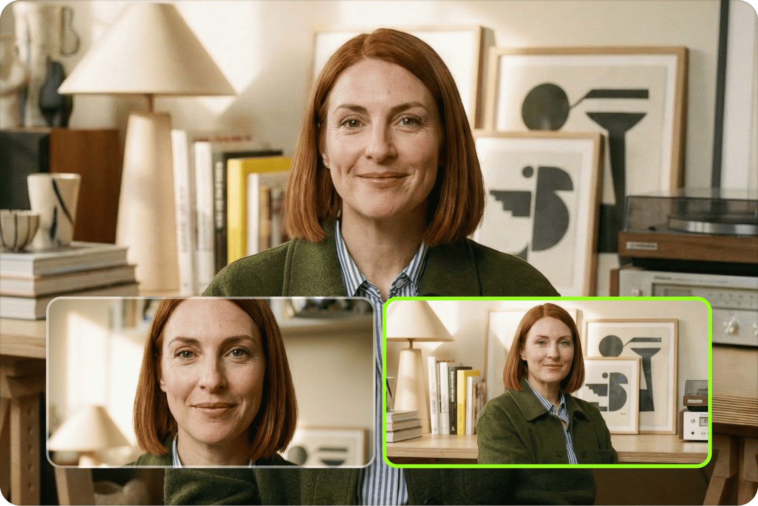 Woman smiling in a room shown alongside video clip previews inside a video joiner and merger software layout.