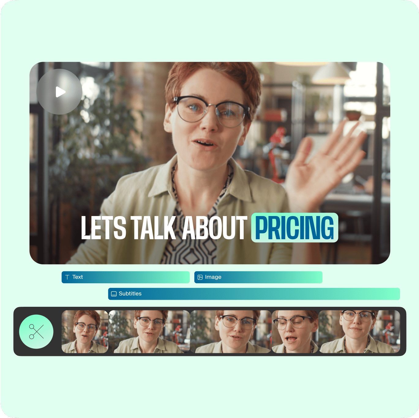 VEED's video editor with text-overlay feature showing a clip captioned "LETS TALK ABOUT PRICING" and timeline of video footage.