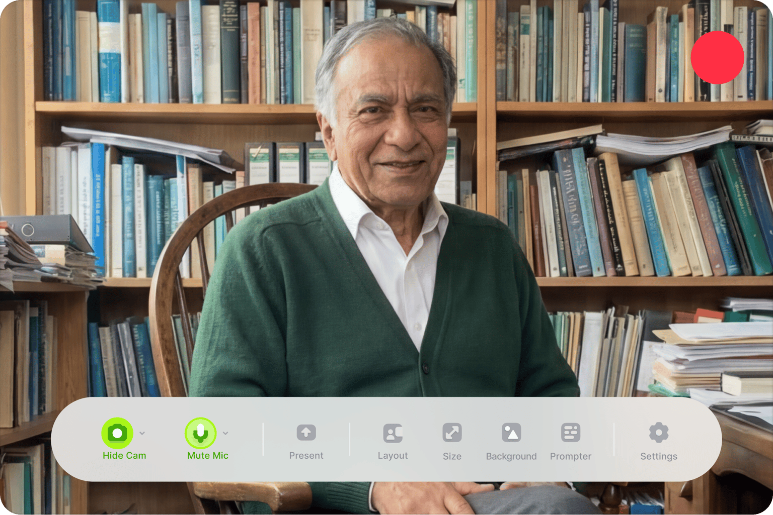 Video maker recording overlay with an settings menu over a video of a smiling elderly man sitting in front of a bookshelf