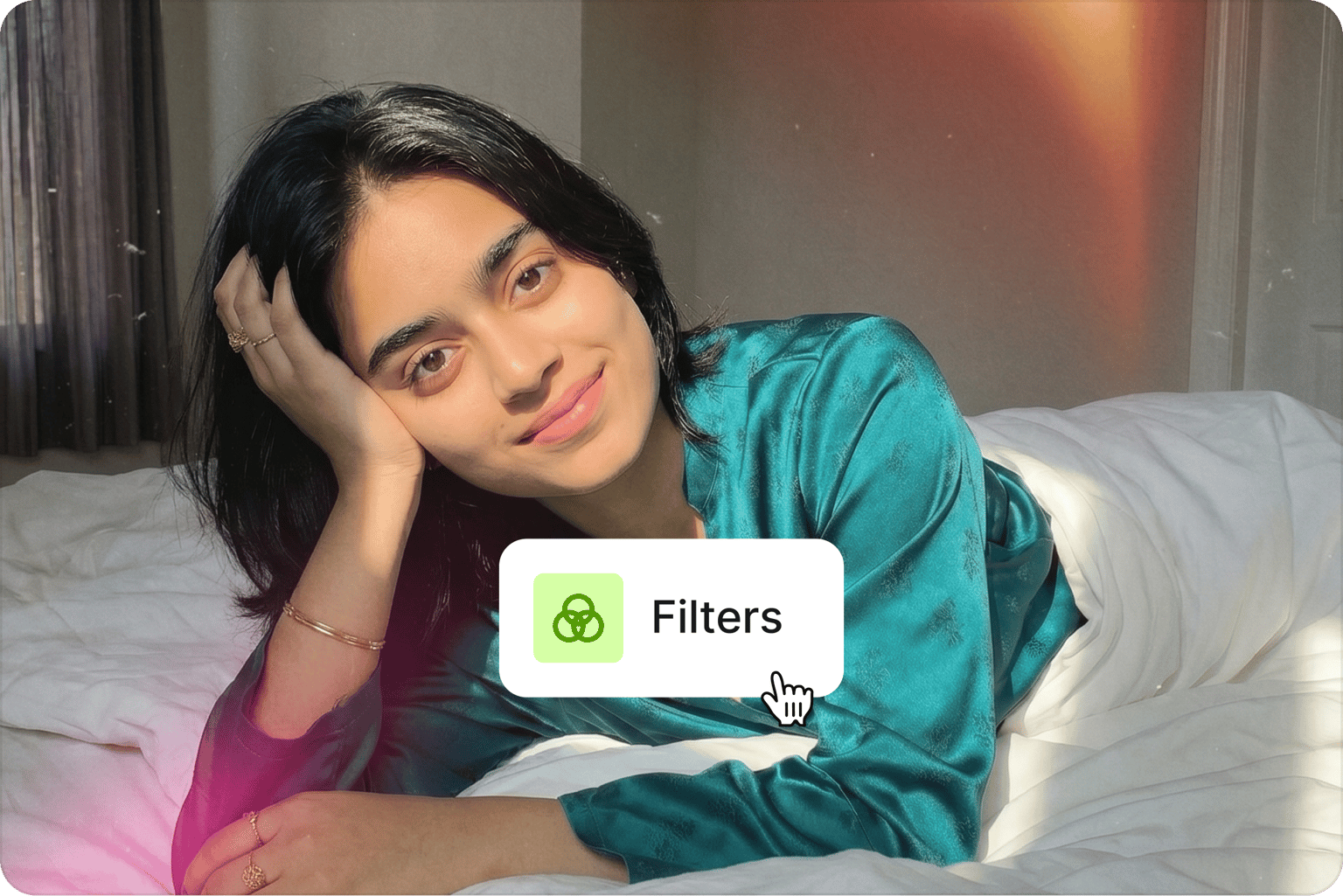 Video editor effects demo showing a cursor clicking filters over a video of a smiling woman lying on a bed