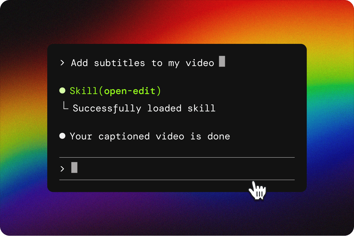 Terminal box with text prompt requesting subtitles above loaded skill notification on colorful rainbow background