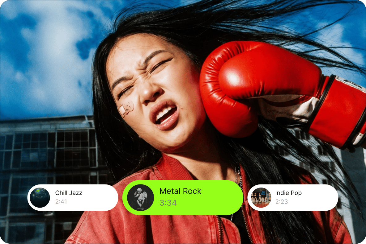 Woman getting hit with a boxing glove during a video editing sequence featuring music audio track selection badges.