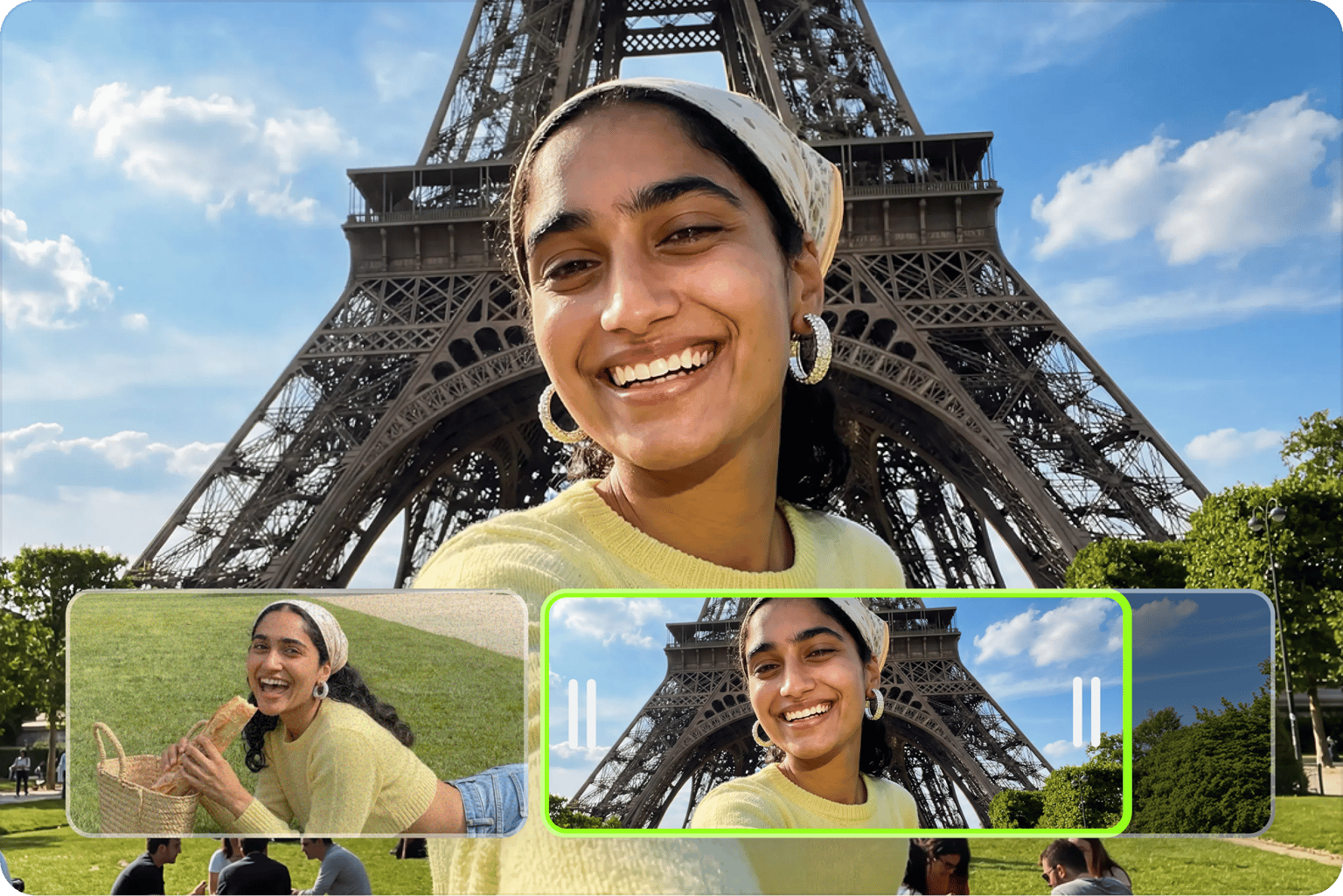 Free video editor timeline showing clips over a selfie video of a smiling woman in front of the Eiffel Tower