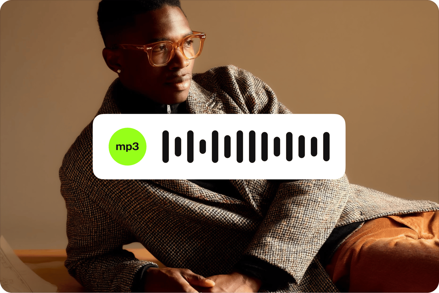 Stylish man reclining with audio waveform and mp3 icon overlay for increasing video volume and sound levels