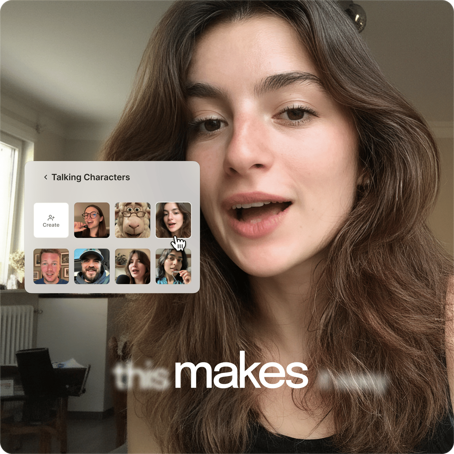 VEED Talking Characters displaying a selection of 6 avatars for creating videos with AI-generated speakers.