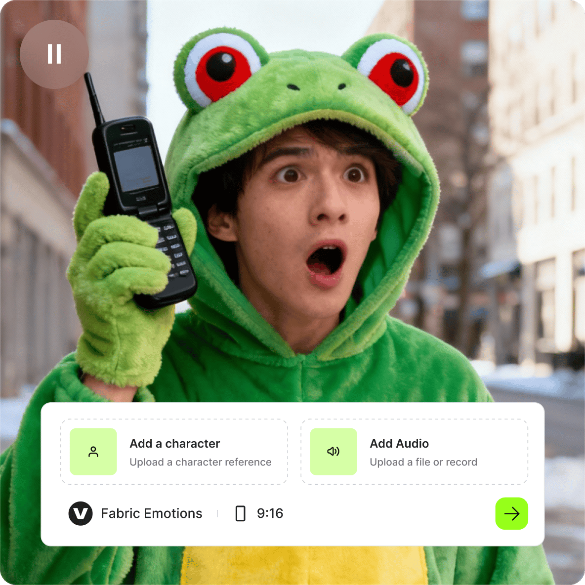 Surprised young man wearing a green frog costume talking on a mobile phone generated by Fabric Emotions AI