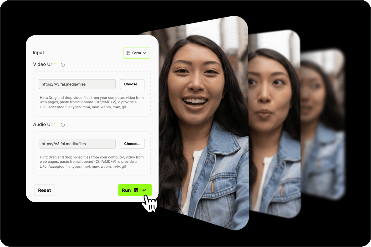 Multiple frames of a woman talking next to a lip sync API form with fields for video and audio URL inputs