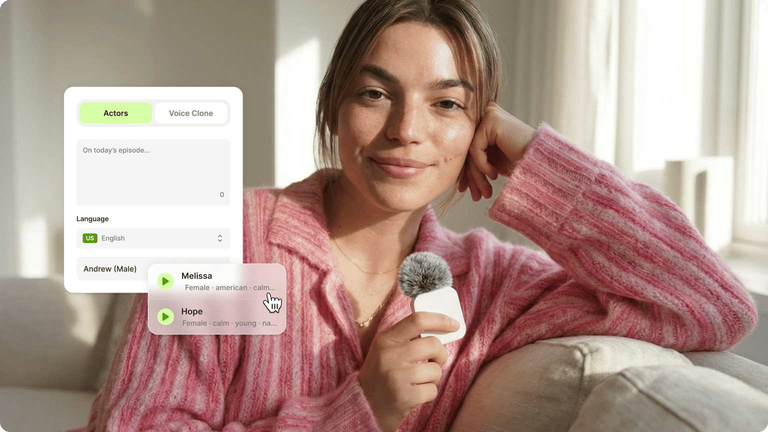 Female voice generator demo showing cursor selecting Melissa over a video of a smiling woman holding a mini microphone