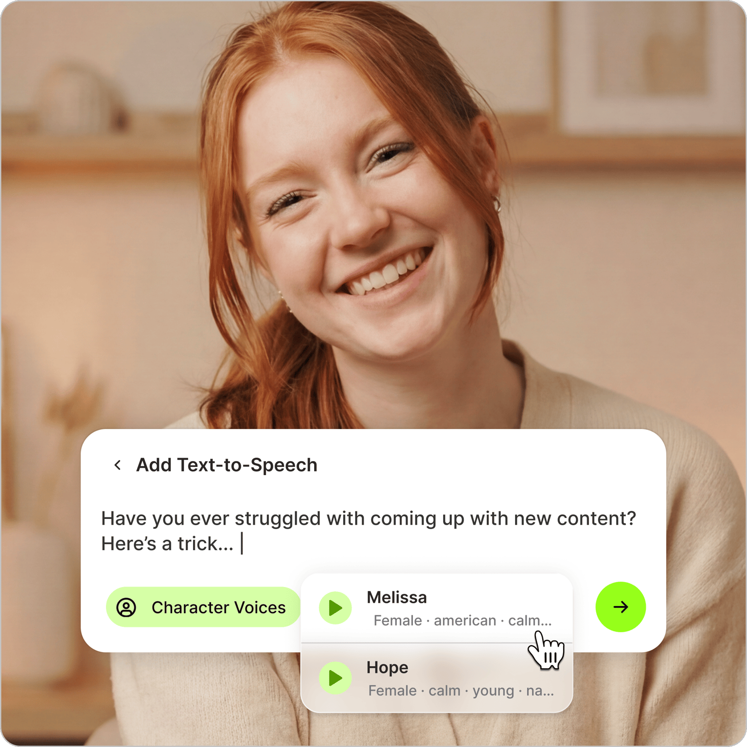 Female voice generator showing cursor selecting Melissa on a text to speech menu over a video of a smiling woman.