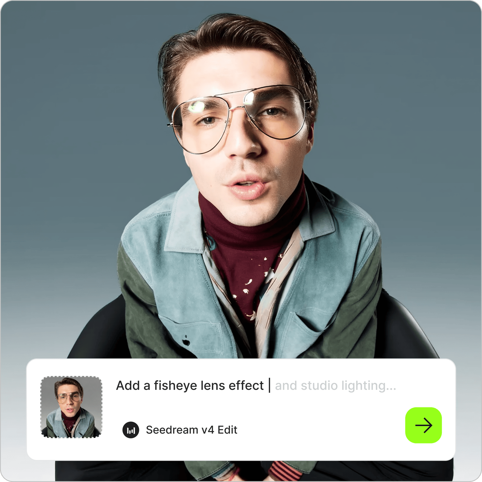 Apply fisheye lens effect to create distorted portrait of man with aviator glasses in editor interface