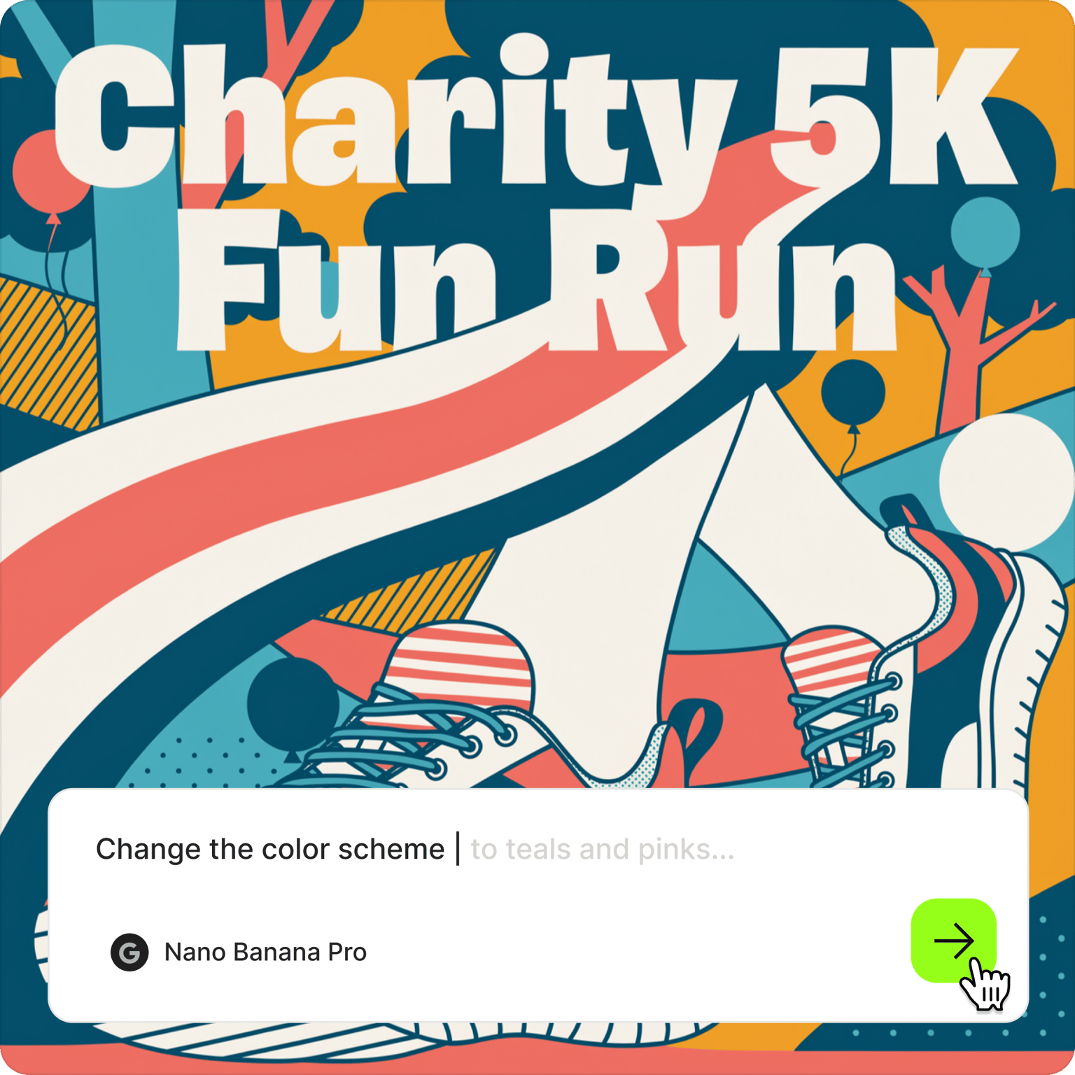 Colorful Charity 5K Fun Run flyer with sneakers and winding track, prompt bar reading change the color scheme to teals and pinks