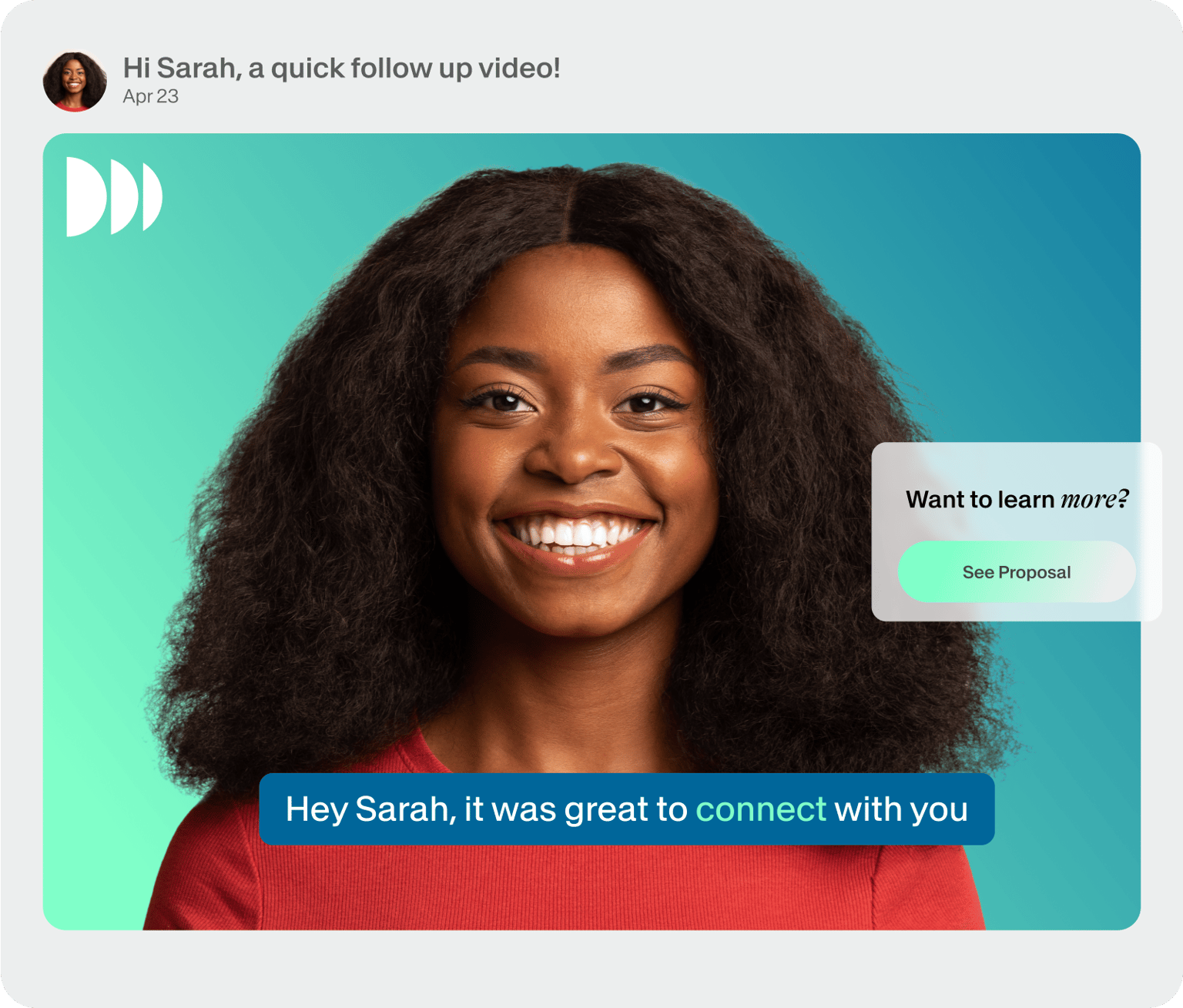 VEED's Follow Up Videos tool displaying a personalized greeting message template showing how recipients experience your video.