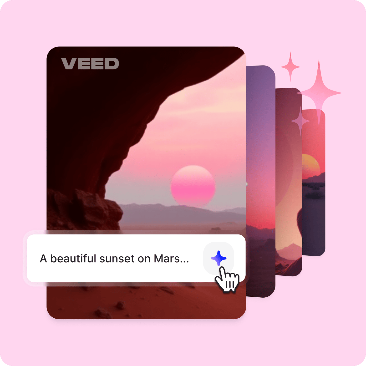 Multiple stacked AI-generated images of a Mars sunset in a card-style interface with a pink background