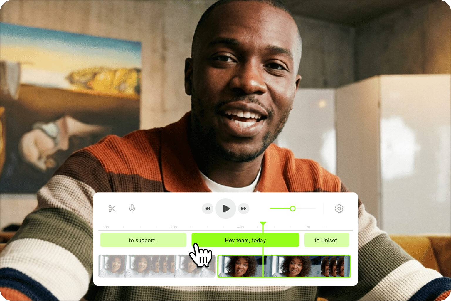 Auto video editor showing a cursor selecting subtitles on a timeline over a video of a smiling man in a striped sweater