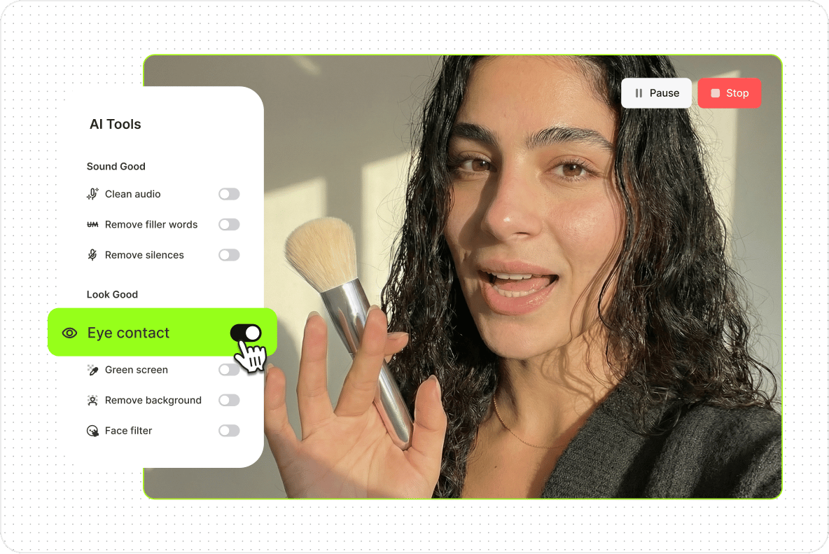 Woman holding a makeup brush with an AI screen recorder menu toggling an eye contact alignment feature.