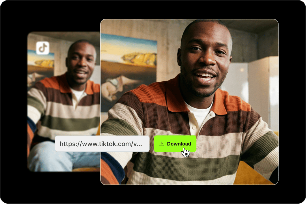 Smiling man on screen with green click button using a free video downloader with no loss in quality.