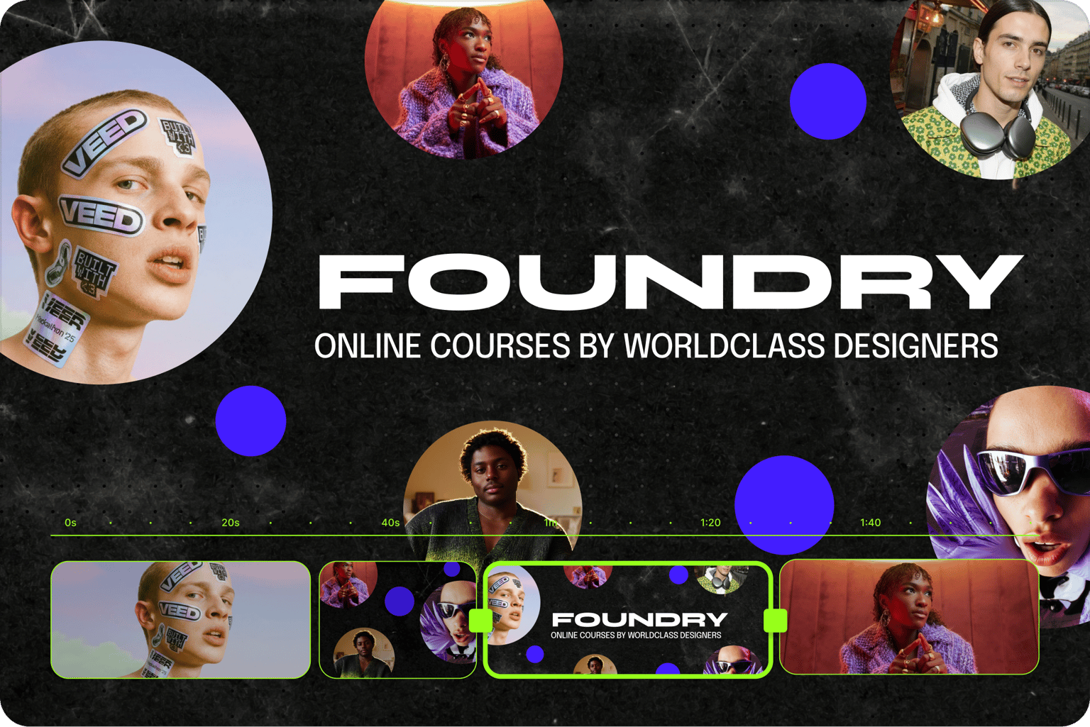 Social banners graphic for Foundry online courses with floating portraits above a video editing timeline