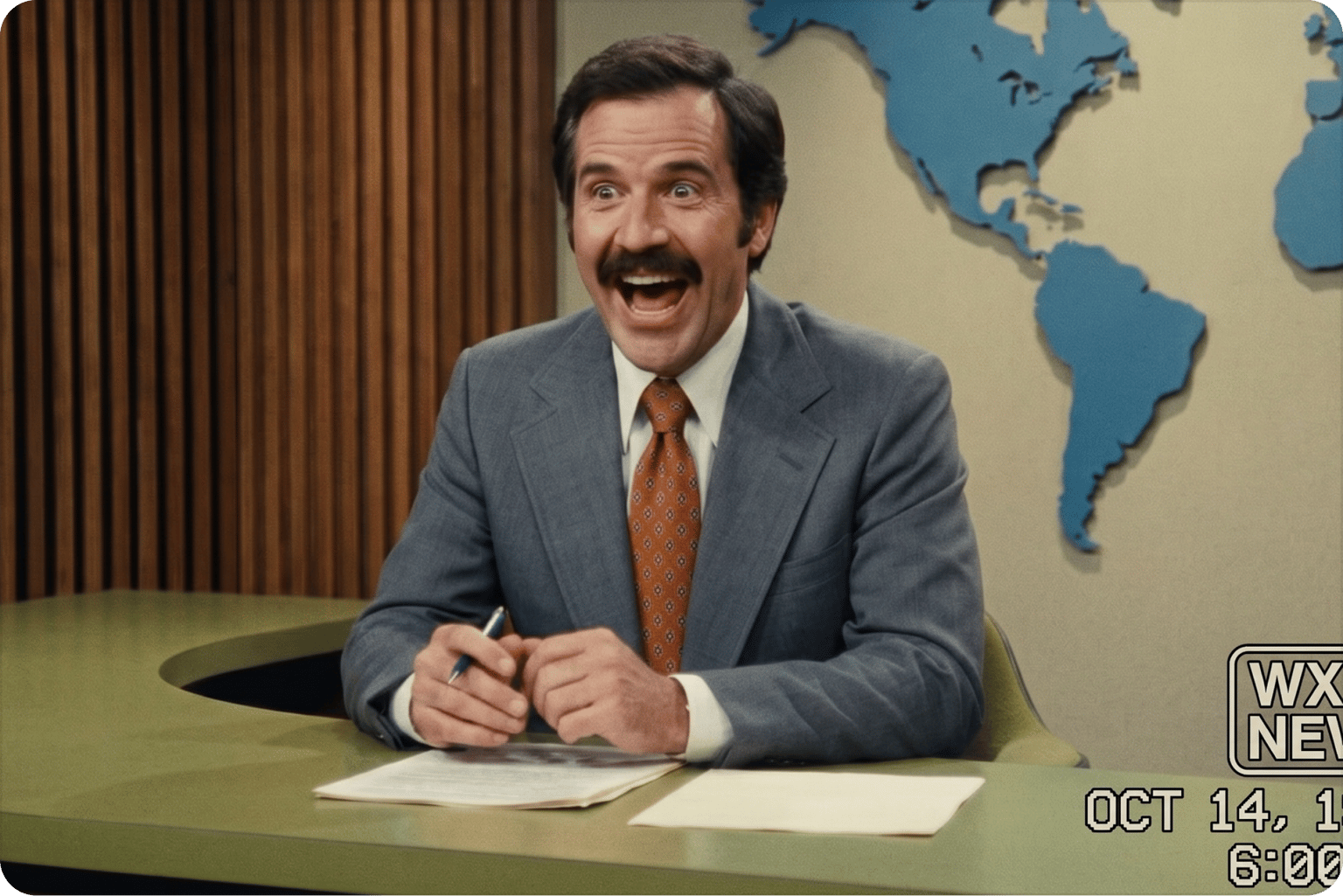 Funny video editor image showing a mustache news anchor reacting with an exaggerated wide mouth laugh at his desk