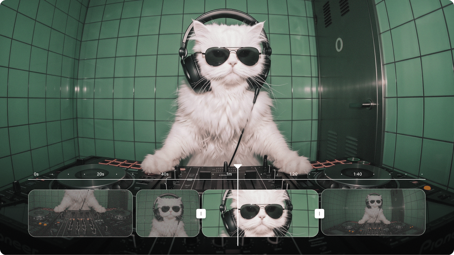 Funny video maker timeline showing a white cat DJ wearing sunglasses and headphones in a tiled room