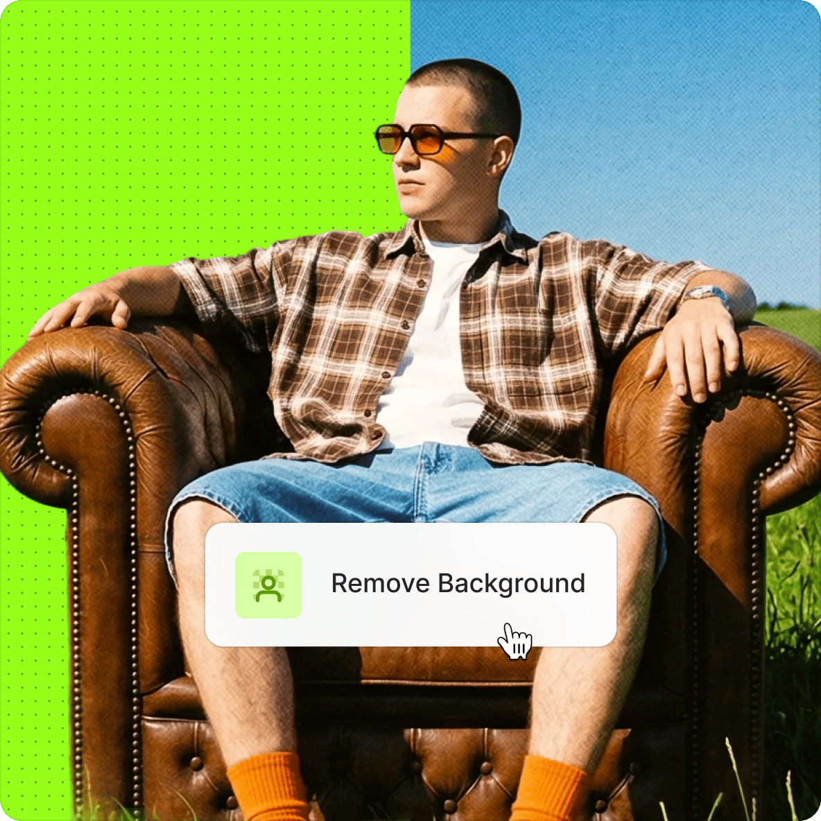 Man in an armchair with a split screen showing a natural background being replaced by a green screen pattern.