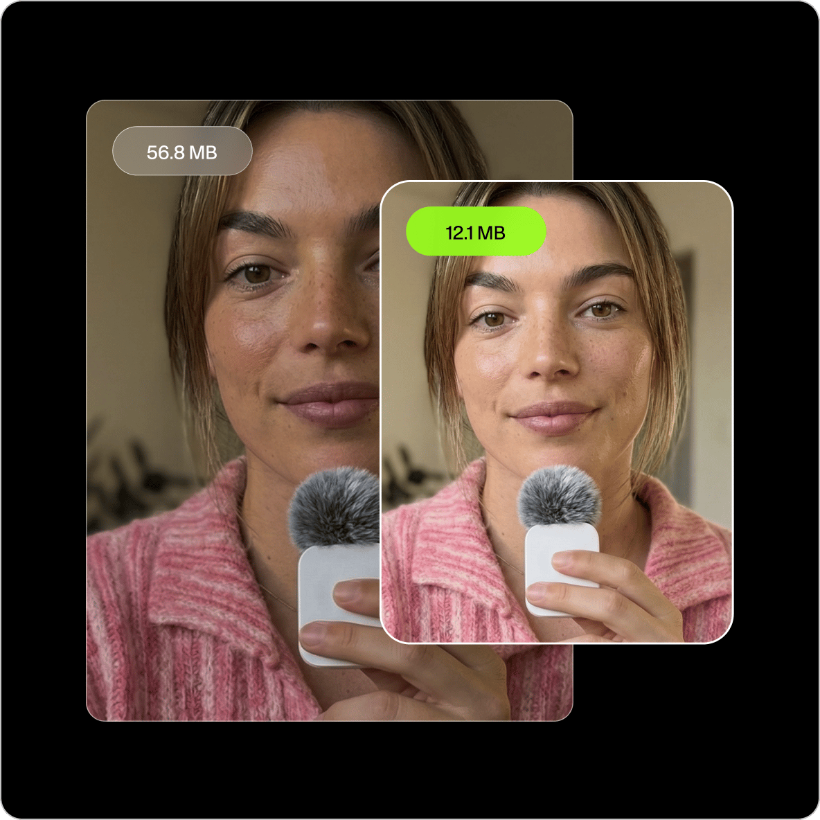 Side by side comparison of a woman with a microphone showing a file reduction from 56MB to a compressed 12MB GIF.