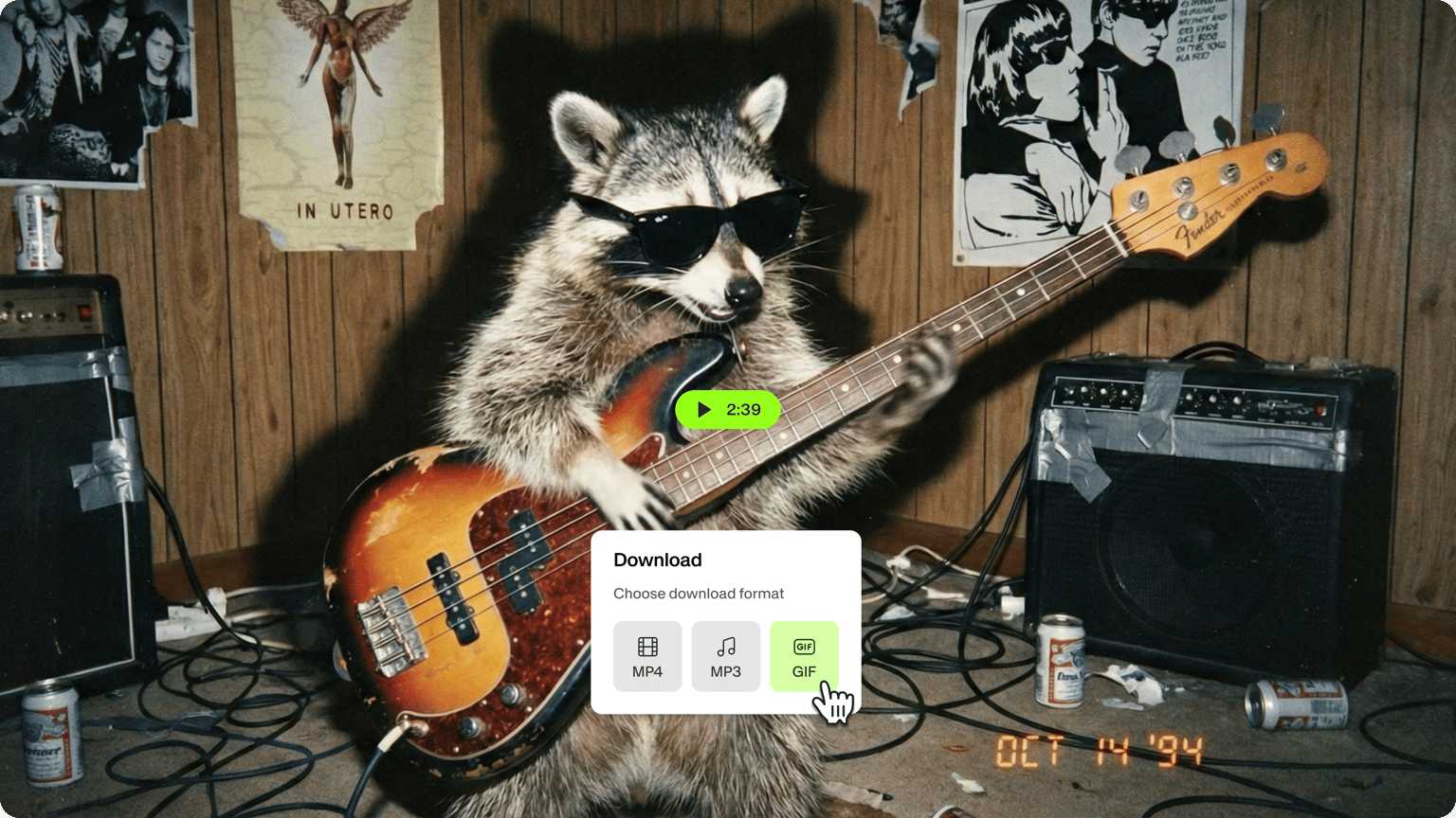 GIF editor demo showing a download window selecting GIF over a video of a raccoon in sunglasses playing a bass guitar